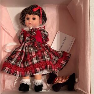 Madame Alexander I Love My Puppy Doll in Red and Black Plaid Dress with dog